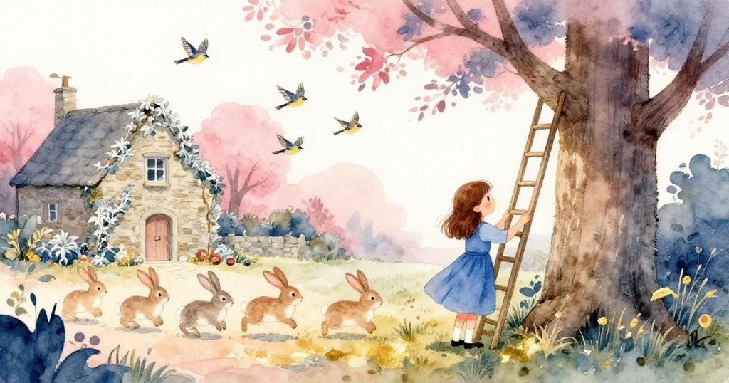 歐娜將梯子靠在樹幹上，走向石屋，兔子跳躍鳥兒飛舞，日暮光影下充滿寧靜與溫馨，故事落幕。