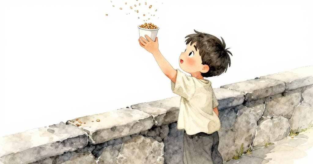 科賓站在石欄旁舉起紙杯，拋散的烤穀物和海藻在柔光中飄浮，畫面呈傾斜角度展現出神秘感。