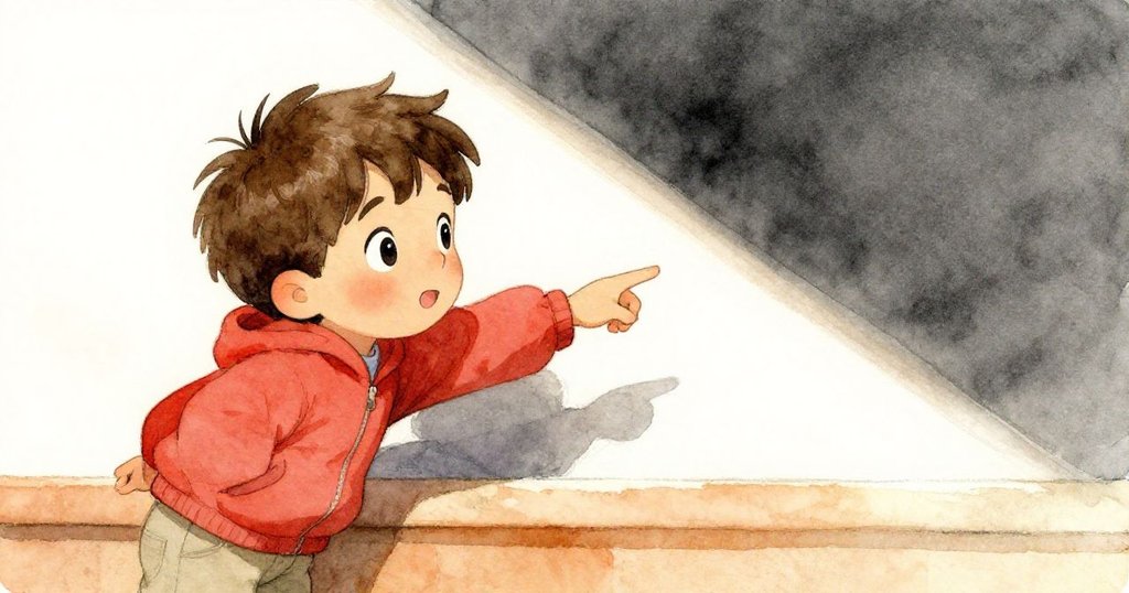 賈斯珀靠在暖橙色石欄上，指向一個陰影，面部表情充滿期待與好奇，畫面近鏡展示細膩情感。