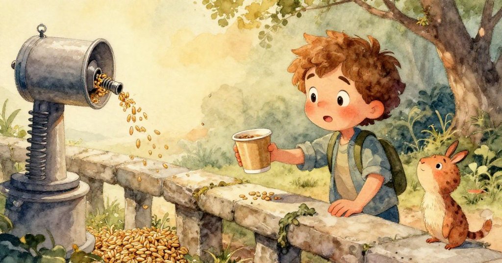 透過窗狀視角看見突如其來的微風將紙狀飼料散向噴水區，水中形成焦糖旋渦，動態畫面充滿流動美感。