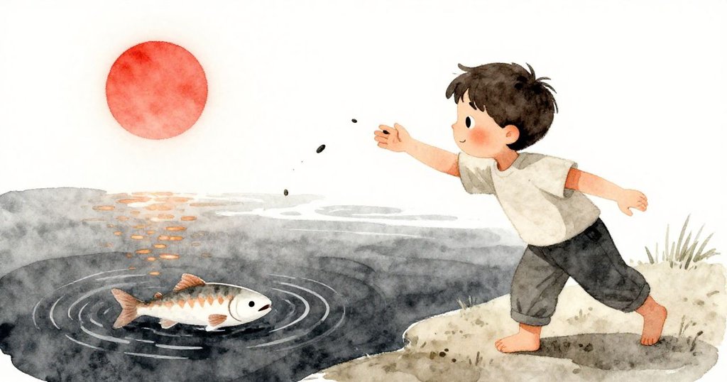 科賓在落日餘暉中低臂拋出紙粒，水面上閃現出閃亮的銅鱗魚，柔和光線映出神秘魔法瞬間。