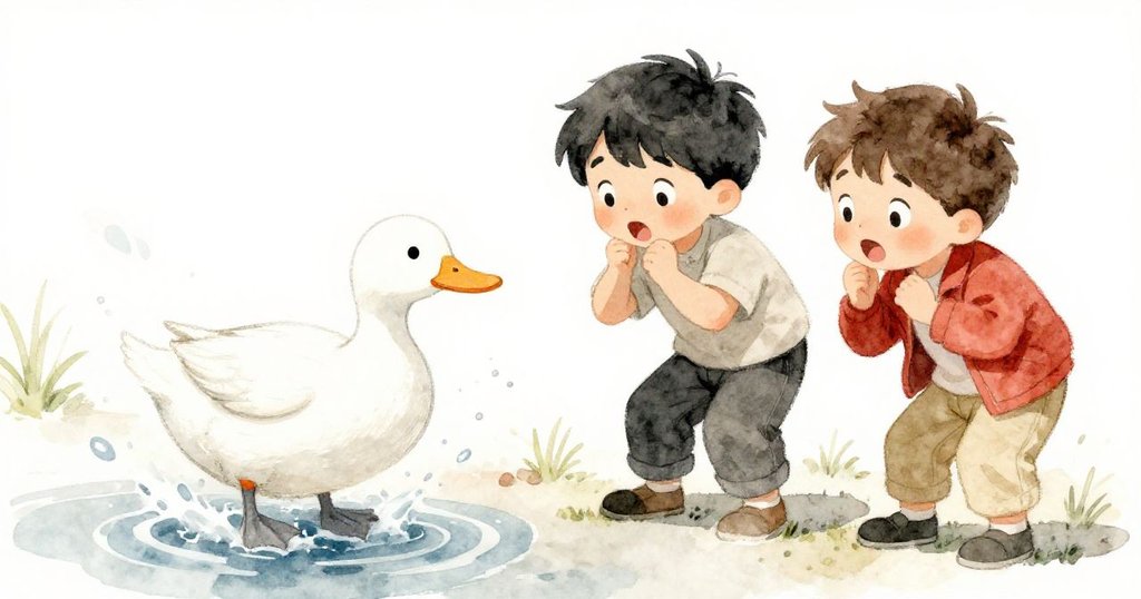 鴨子猛然沖入餵食區，濺起大片水花，科賓與賈斯珀因驚訝而迅速反應，展現意志堅定。