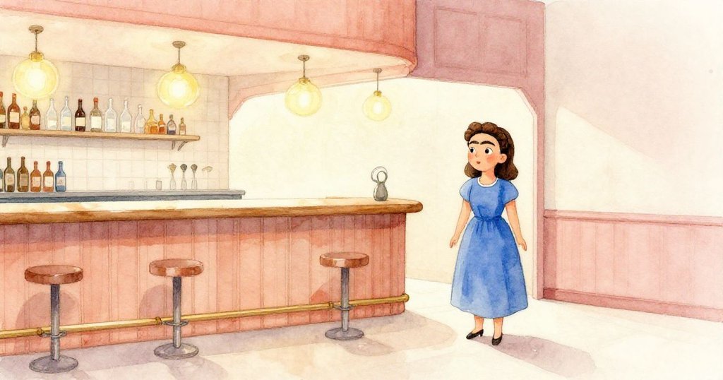 弗里達走進溫暖寧靜的酒吧，大廳空蕩，布置現代簡約，她神情專注，準備開始任務。