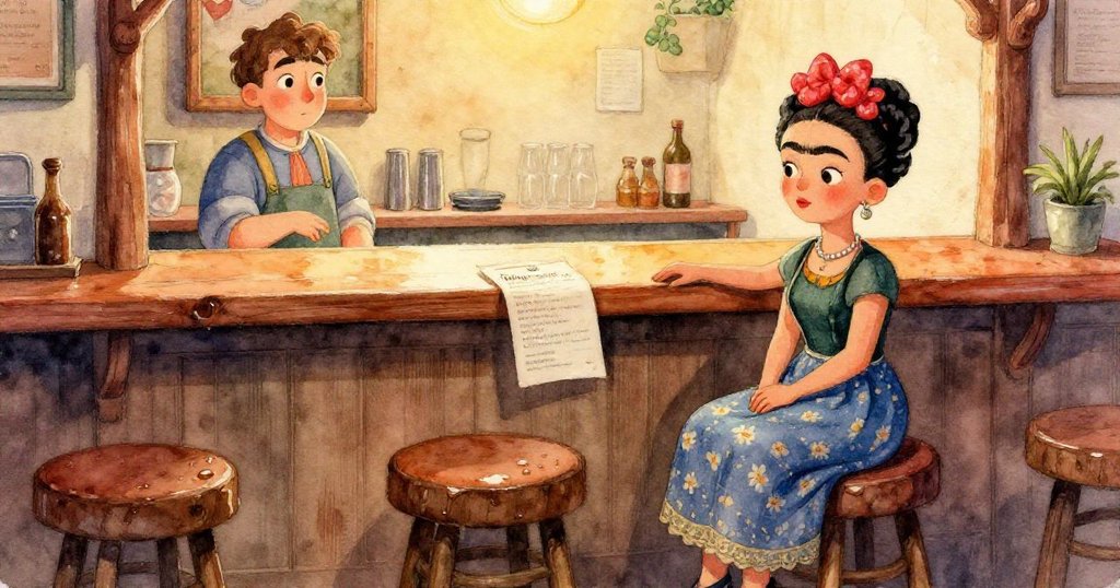 弗里達的手輕放代幣於濕潤帶糖漬的櫃檯，細節豐富，展現專注與期待。