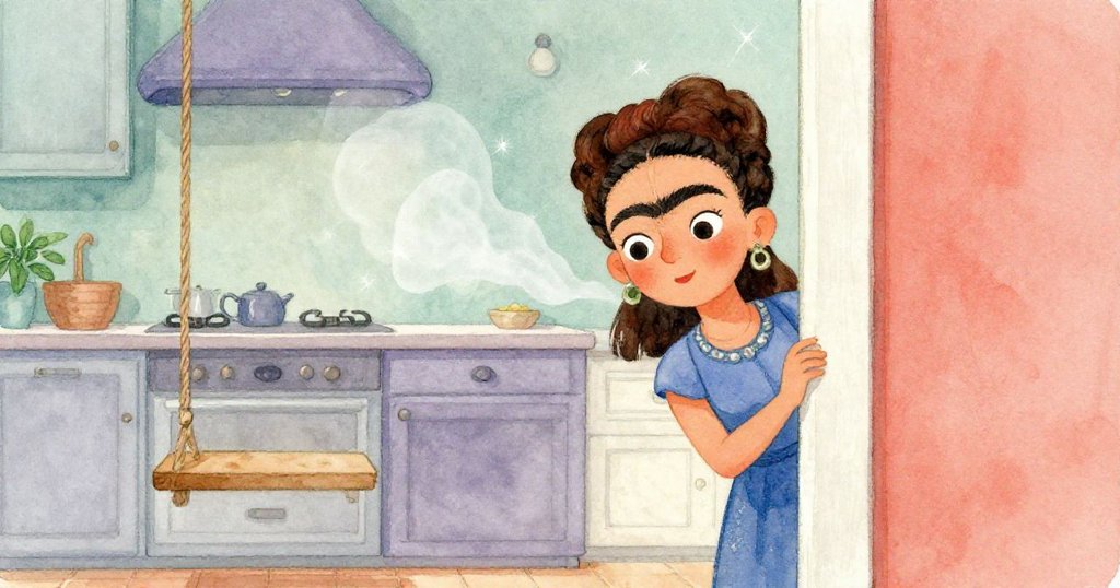 弗里達透過縫隙觀察廚房門輕輕搖開，散出羅勒氣息，她充滿好奇與使命感。