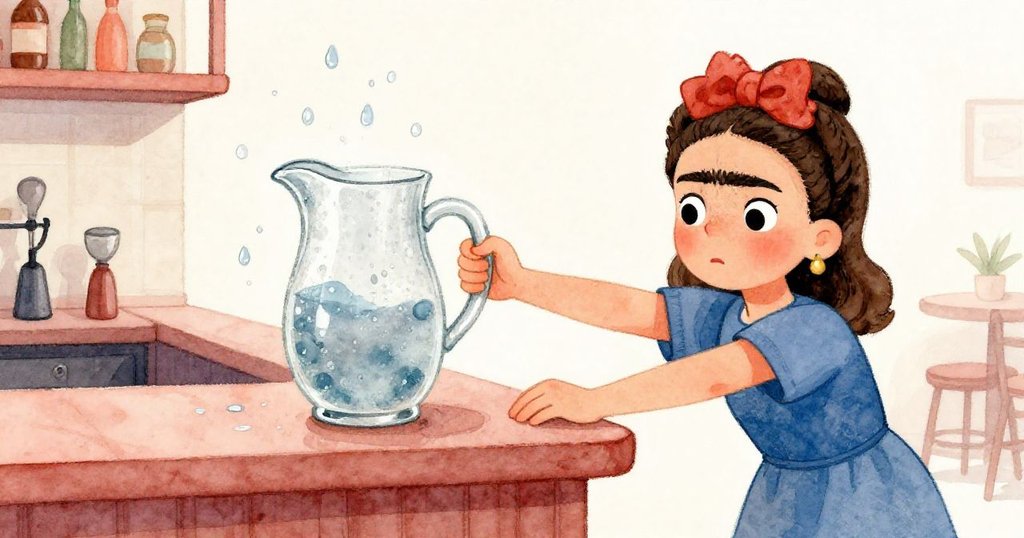 弗里達推動滿有水珠的玻璃壺，壺滑動拖出水跡，場面緊張，她神情凝重專注。