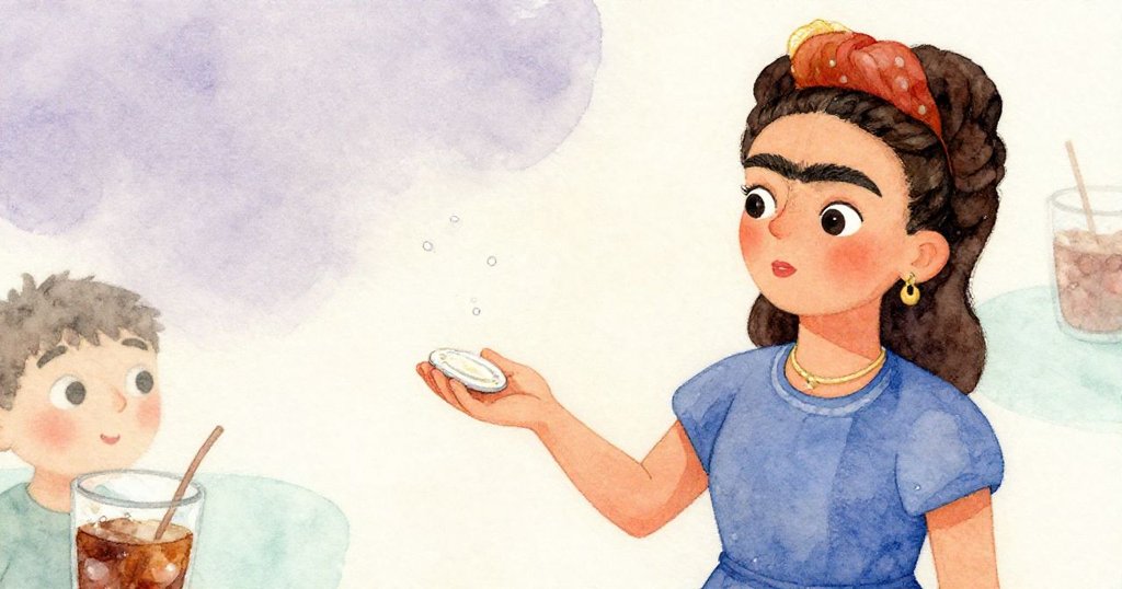 弗里達迅速以兩乾燥手指夾住浮動的代幣，水與糖漬細節顯現，她滿懷鬆口氣。