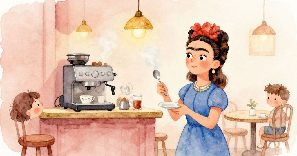 弗里達將長匙放置於茶盤上，站在咖啡機旁，微笑面向光明未來，溫馨氛圍充滿希望。