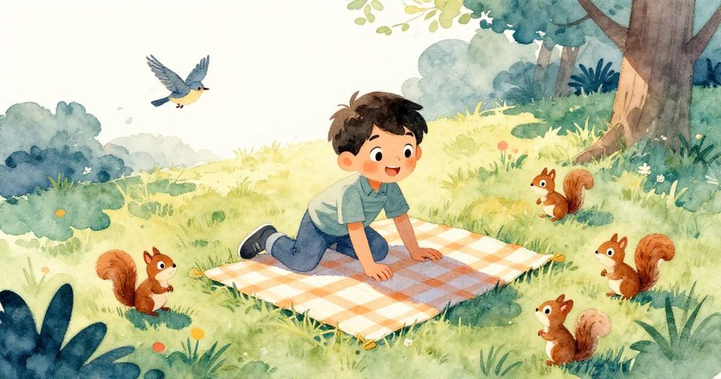 托比亞斯在公園鋪開格子野餐布,身邊有鳥與松鼠,幾隻螞蟻爬過,表情愉悅準備野餐。