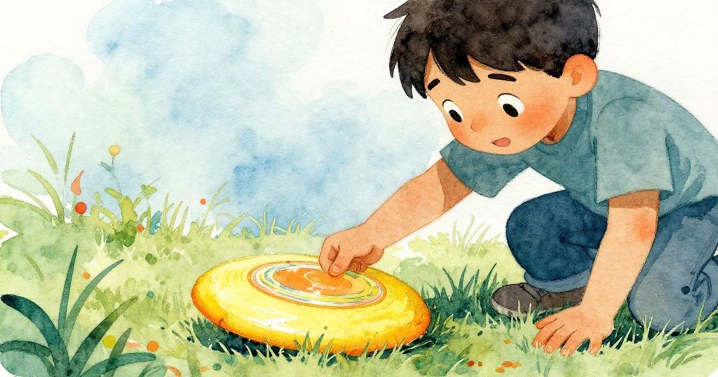 托比亞斯伸手拿起位於草邊的飛盤,飛盤邊緣點綴枯草,神情專注,準備穩固野餐物品。