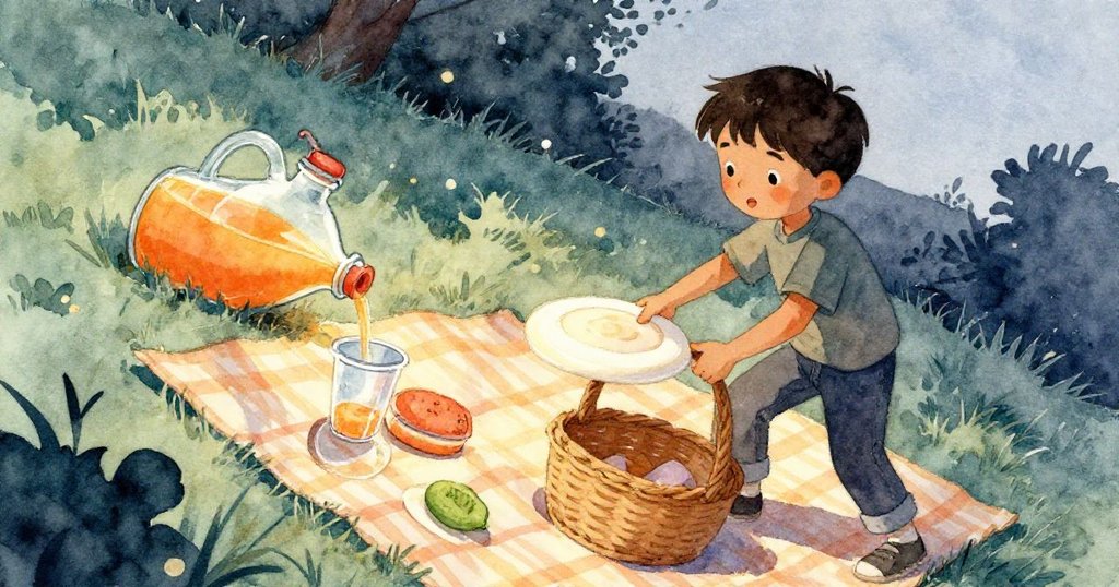 托比亞斯在傾斜的草地上調整野餐籃,果汁瓶與塑膠杯因坡度滑動,他急忙插入飛盤穩定局面。