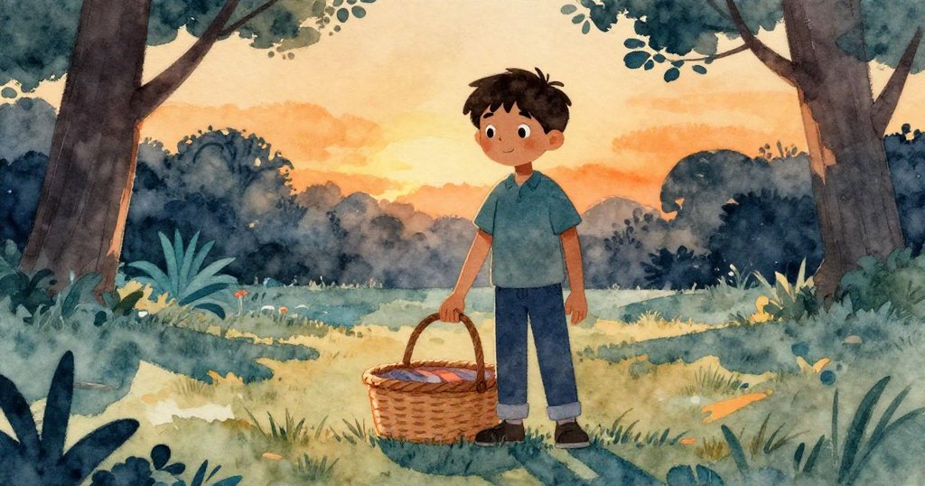 傍晚時分,托比亞斯靜觀穩固的野餐籃,夕陽映出橙光與藍調陰影,環境寧靜柔和。