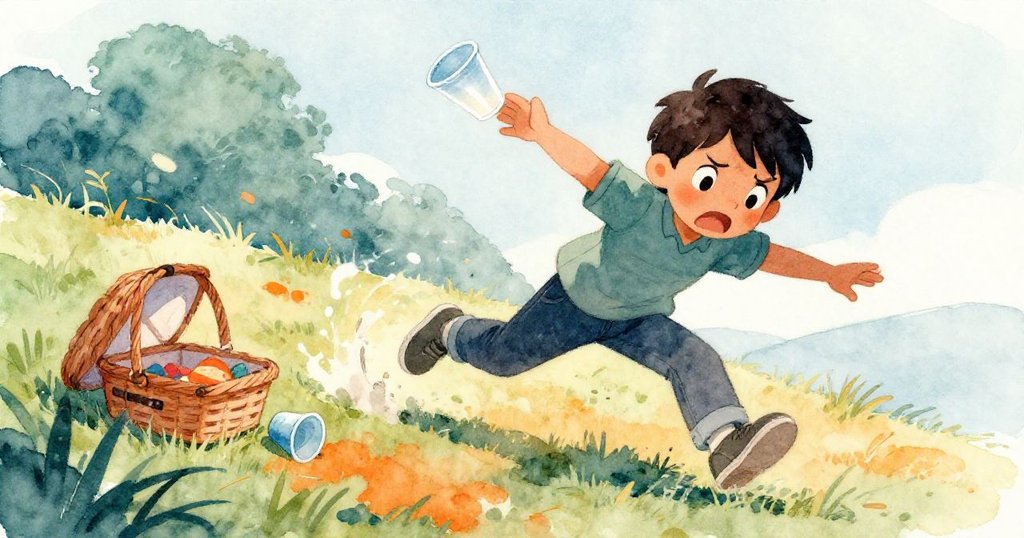 托比亞斯急速撲向滑動的塑膠杯,雙膝彎曲伸手急抓,神情緊張後展現鬆弛,野餐場面充滿動感。