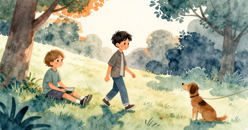 托比亞斯與喬爾在公園傍晚重逢,托比亞斯走向手持平裝書的喬爾,狗兒安靜伴隨,情感溫暖,野餐場面落幕。