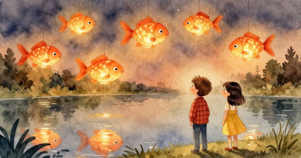 達爾與芬在柔和夕光中驚喜凝望池塘中倒映的五盞魚燈,滿懷好奇與期待。