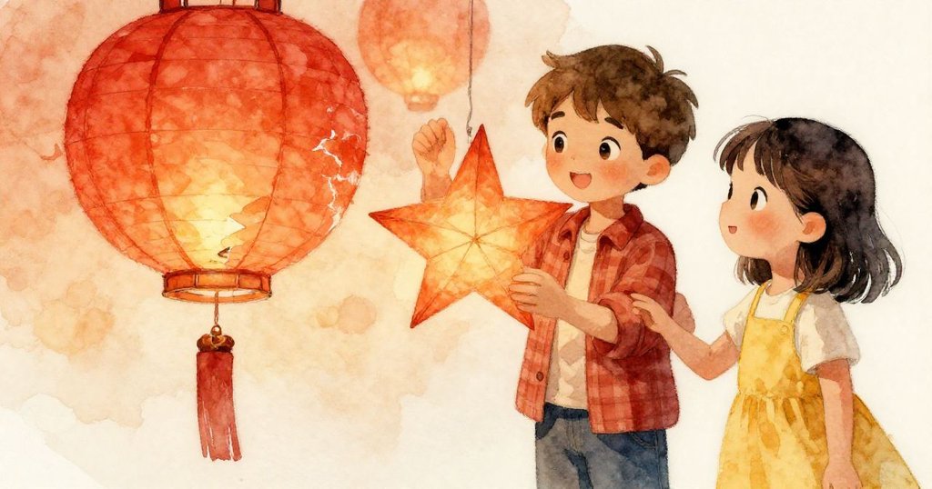 達爾與芬仔細檢查自製紙燈,達爾觸摸紅燈裂痕,芬觀察星燈鬆垂處,細膩呈現工藝與故事。