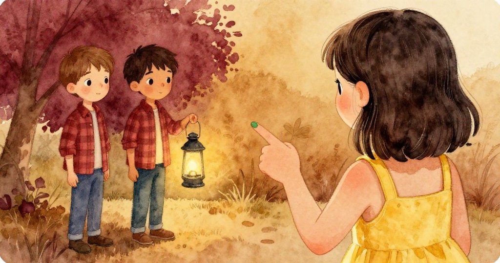 芬背影呈現柔和動作,用染綠的手指向達爾燈缺口,背景夕陽輕輕映襯溫馨瞬間。