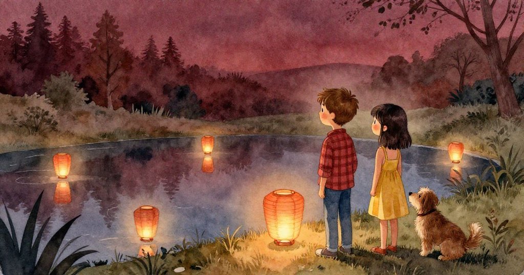 黃昏時分,燈光柔和照映池塘,達爾、芬與狗靜立觀夜,暗示冒險故事將續展。