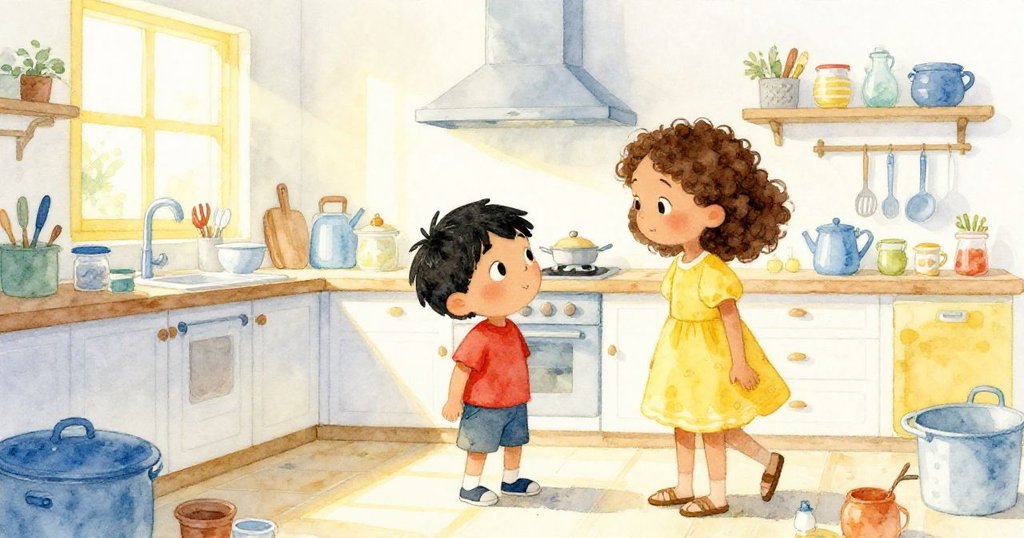 Silas在充滿各式廚具的櫃檯前忙碌，Zelda協助移動杯子，廚房明亮溫暖，展現早晨忙碌與期待。