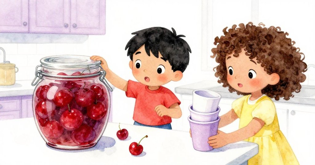 Silas專注輕敲果醬瓶蓋，Zelda巧妙移動堆疊杯子，展示廚房櫃檯上溫馨又精緻的互動。