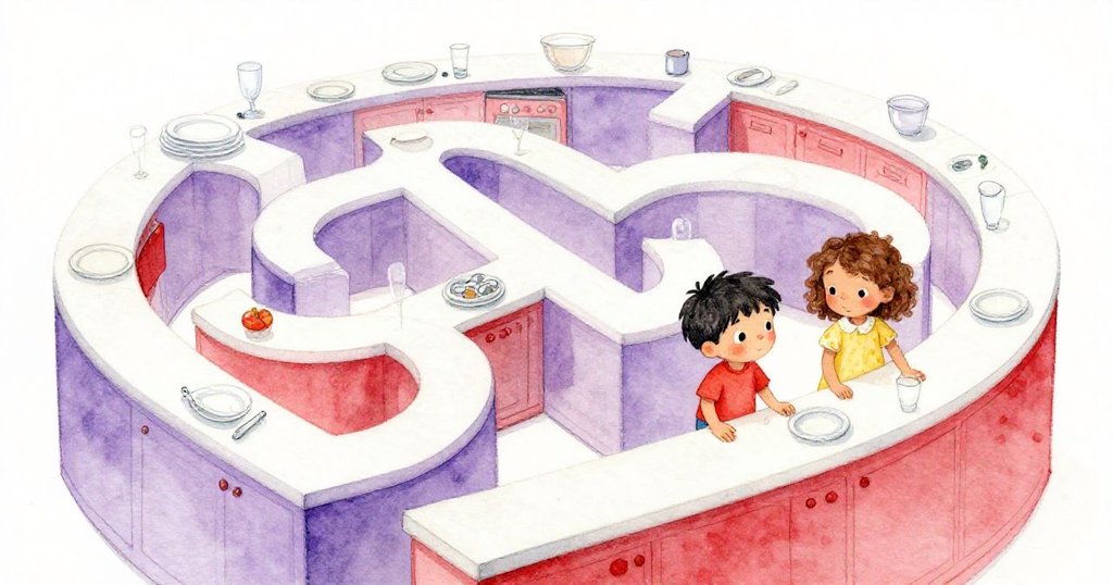 廚房櫃檯幻化為扭曲迷宮，Silas與Zelda小心穿梭旋轉漂浮的盤子與杯子，充滿夢幻與懷舊情懷。