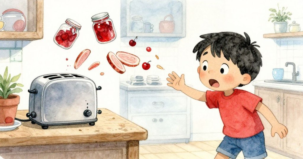 Silas驚訝面容展現突發緊張，果醬瓶滑落引發吐司彈跳與廚具碰撞，整個廚房充滿動感。