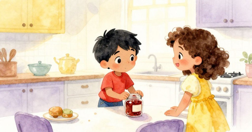 Silas依照祖母教誨穩轉果醬瓶，Zelda在旁溫柔微笑，櫥櫃與時鐘見證了激動後的平靜告別。