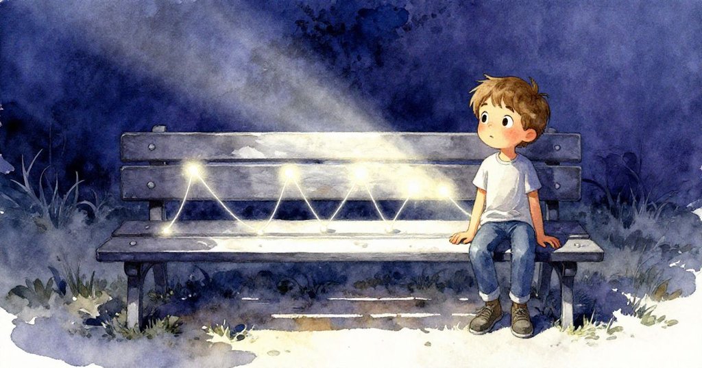 Emil站在溫暖光線下的長椅前，凝視著六束閃亮的線條，背景對比出明暗，充滿驚奇與期待。