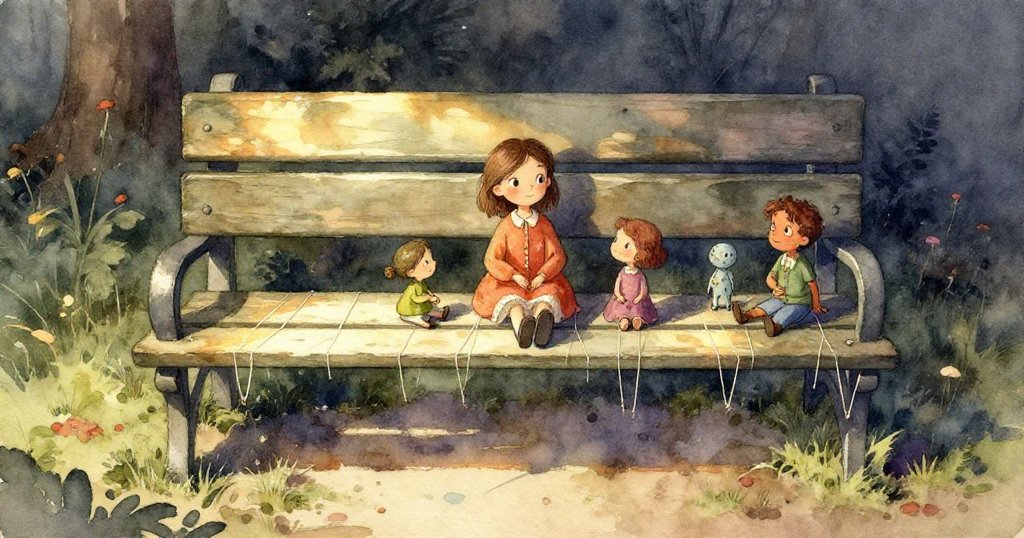 近距離呈現長椅靠背上固定的圖樣卡和隨風輕舞的記事本頁面，充滿紙質細節與輕柔光影。