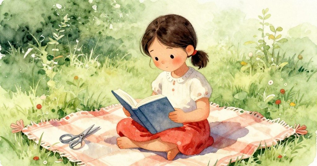 Yvette坐在柔軟的野餐布上認真閱讀，旁邊安全放著剪刀，陽光溫暖輕柔，營造出寧靜的氛圍。