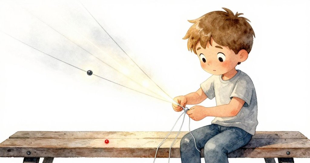 Emil在動態中專注地綁結亮線，黑色玻璃珠反光映出他的神情，展示出創作轉折與決心。