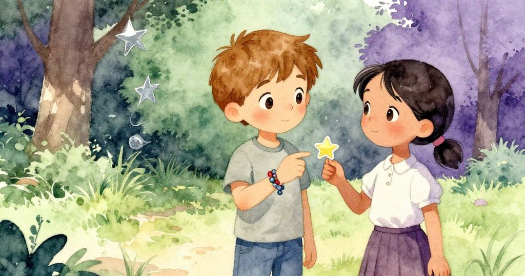 Emil驕傲展示完成的手環，Yvette輕提星星貼紙，兩人以欣慰表情結束故事，溫馨氣氛充滿整個場景。