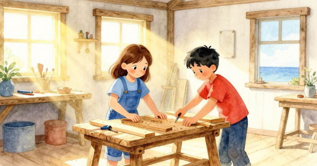 Holly和Kay在晨光中走進木工工作坊，兩人準備工作台，臉上帶著期待與專注，工具和木板環繞左右。