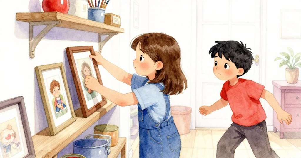 Holly小心取出一個膠合好的窗框模型，窗框設計像舊石堂，旁邊的Kay好奇地注視，工作區溫暖而有序。