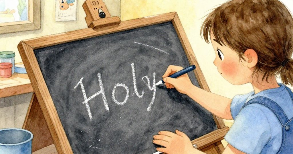 從Holly背後看，她正用拇指輕抹木板上殘留的粉筆線，木紋和粉塵清晰可見，充滿專注和細膩感。