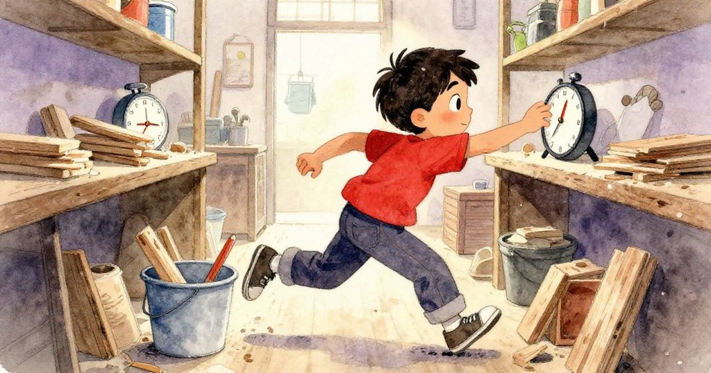 Kay急步穿過狹窄的工作坊過道，小心環繞著混亂的廢料桶，急於按下計時器，充滿動感與緊張感。