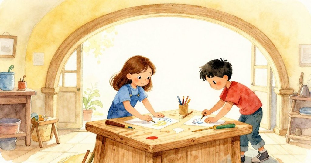 Holly與Kay在溫暖的工作台前互相欣賞著木板上優雅的彎曲線條，兩人滿臉驕傲與喜悅，整個空間洋溢著溫馨感。