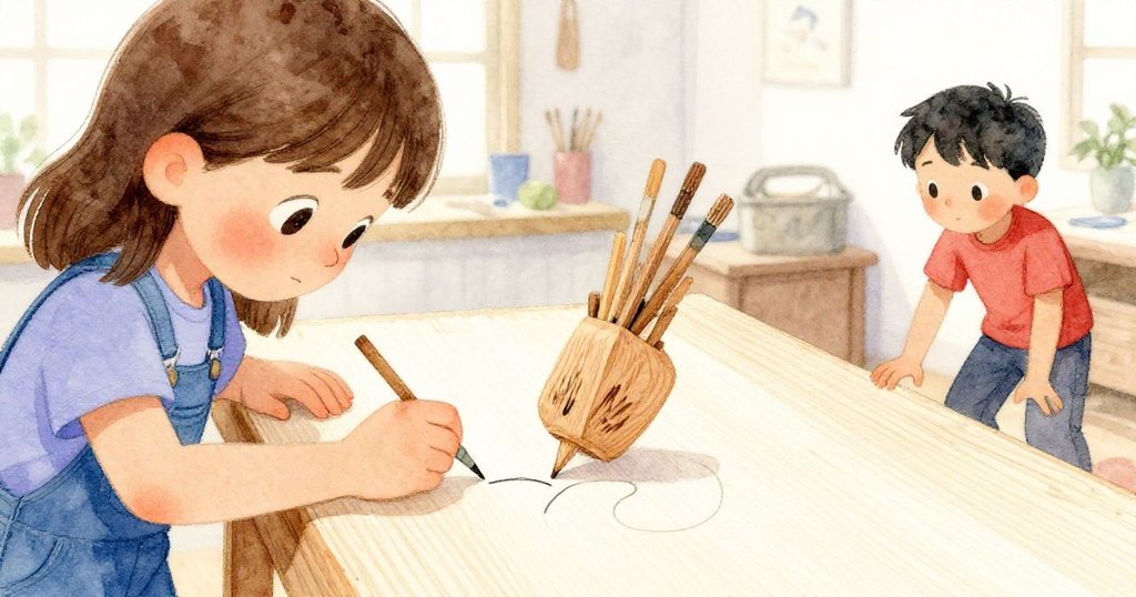 Kay細心地在木板上勾勒出優雅的曲線，Holly注視著他的動作，兩人臉上充滿溫柔與驚喜，代表創意轉化。