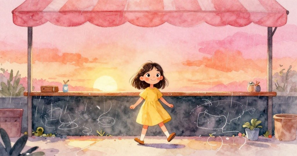 Joy走出細雨,在牆上粉筆板前早到,背景空曠,陽光柔和,臉上充滿期待與好奇情緒。