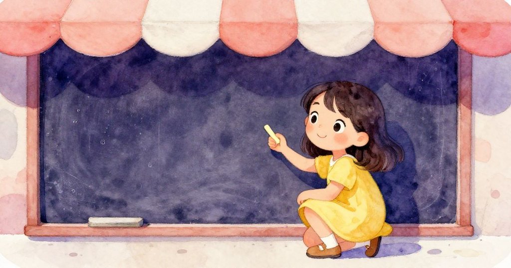 Joy在遮雨棚下蹲著,手持細黃粉筆,專注望著潮濕的粉筆板,空間留白營造出創作氛圍。