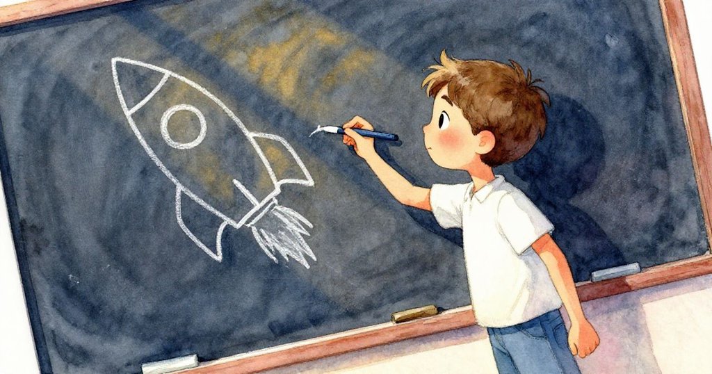 Seth步入遮蔽光影中,以傾斜角度用白粉筆勾勒火箭輪廓,神情堅定展現創作活力。