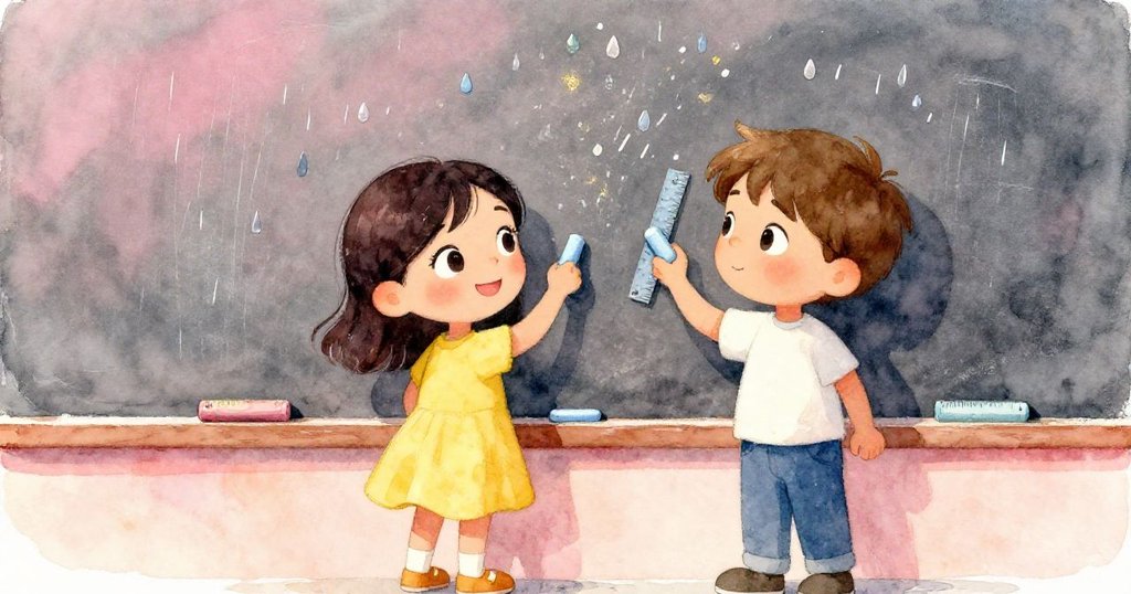 在隨風飄散雨滴中,Joy與Seth合作用藍色粉筆作為即席尺子,精確測量火箭圖,臉上專注而溫暖。