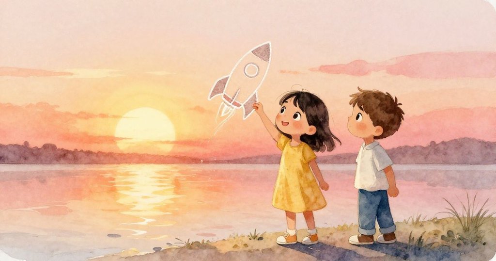 在夕陽金光中,Joy和Seth退後欣賞調整後火箭圖,牆上不規則刻度映出水潭倒影,溫馨滿懷成功喜悅。