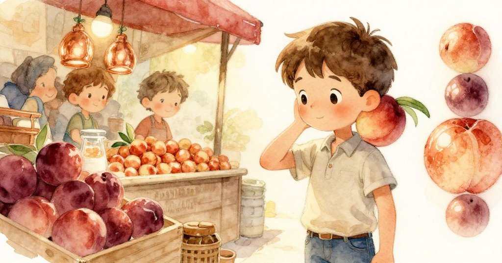 在熱鬧市集中，Yves專注聆聽桃子內部輕脆聲音，他輕觸水果表面，背景中有箱子與鏈條的動作。