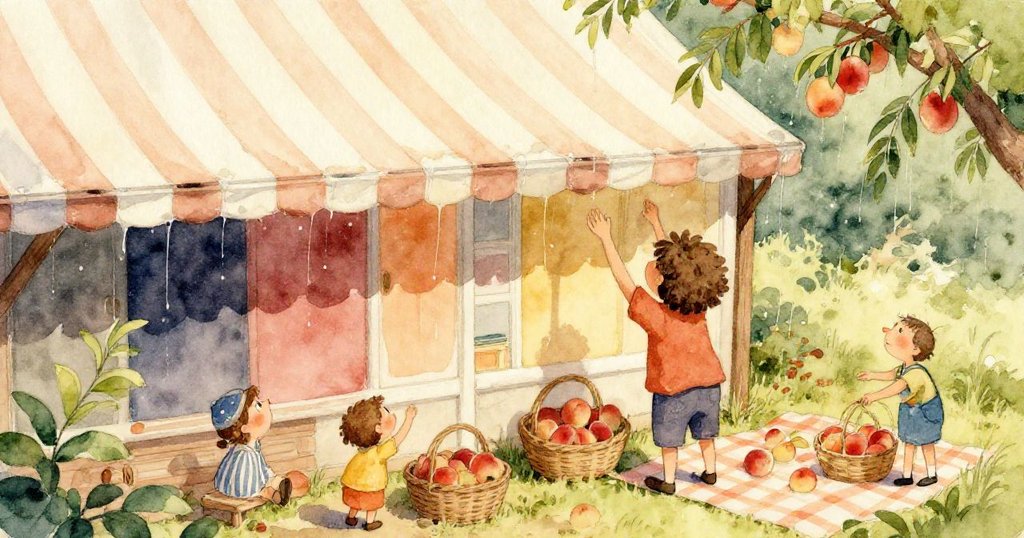 從藍鳥視角看去，藍鳥展翅急飛，觸碰掛鏈，引發一連串果盒輕輕搖動，畫面充滿動態與驚喜。