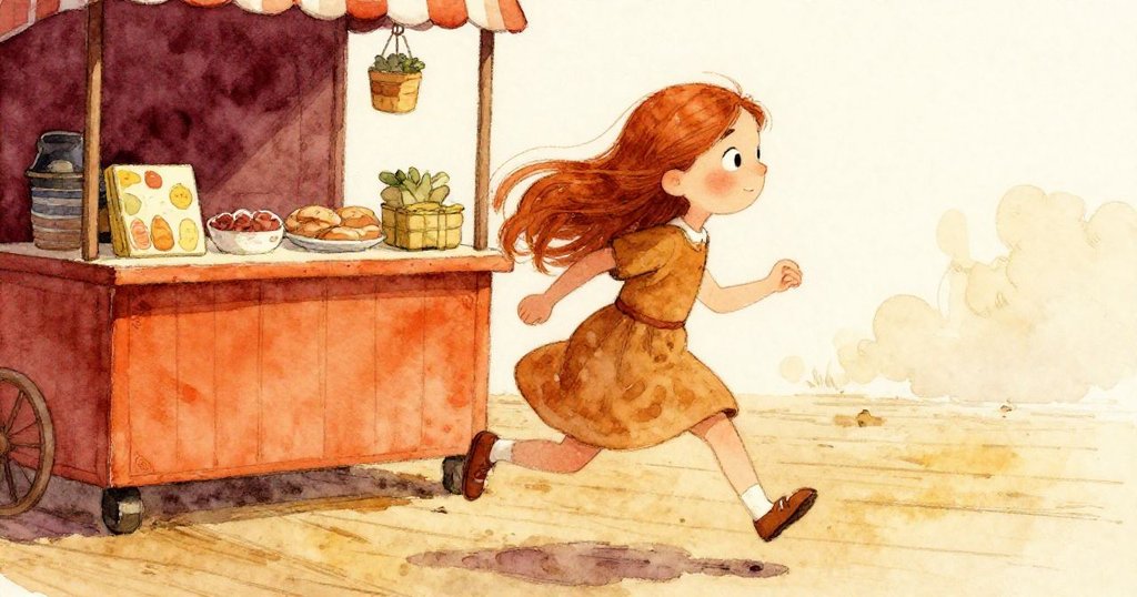 在金色午後，Gwen在橘子攤前急步前行，她聽到破裂聲，鞋子在木地板上發出清脆節奏，表現出關懷與活力。