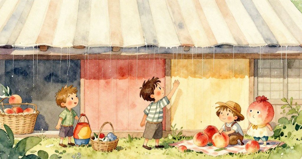 熱鬧市場中，桃子與莓果隨著搖動鏈條自由落下，顧客們臉上露出驚訝表情，動態線條展現果實運動軌跡。