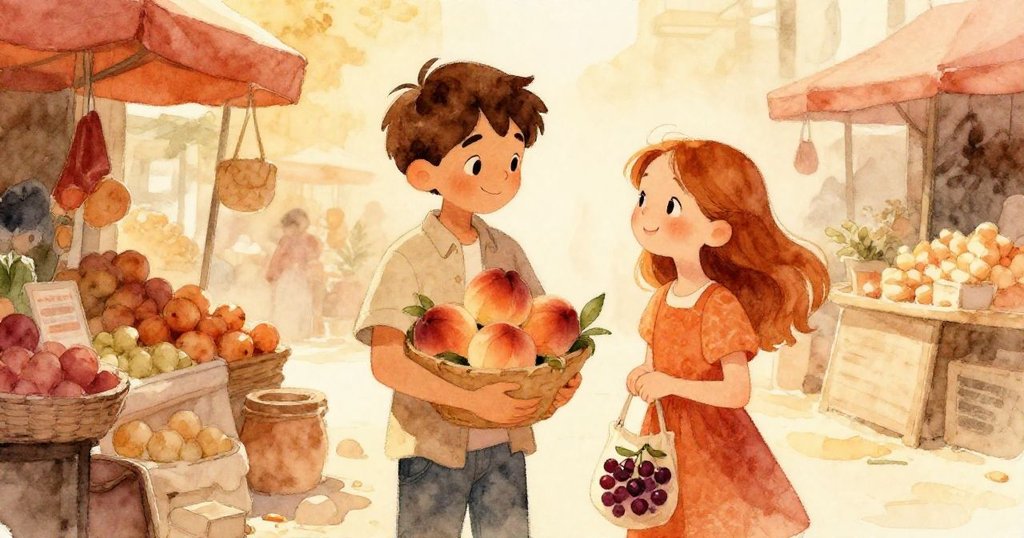 在平靜市場中，Yves抱著桃子，Gwen捧著莓果包，他們彼此微笑相聚，溫暖光線映襯出事後安寧與連結。