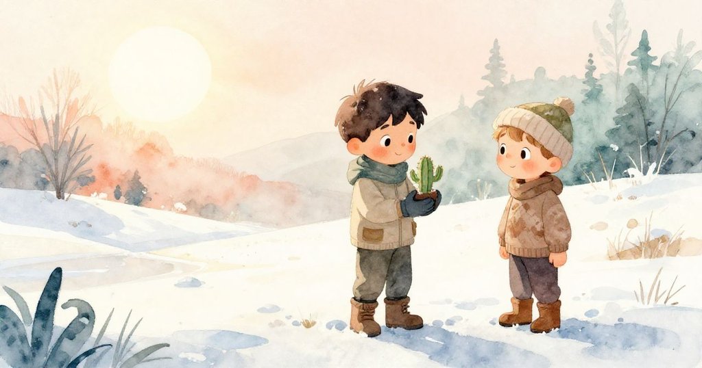 Joel在冰面上彎膝穩步前行,手持小仙人掌,Harris站在冰葉旁,陽光灑下雙人充滿期待與專注情緒。