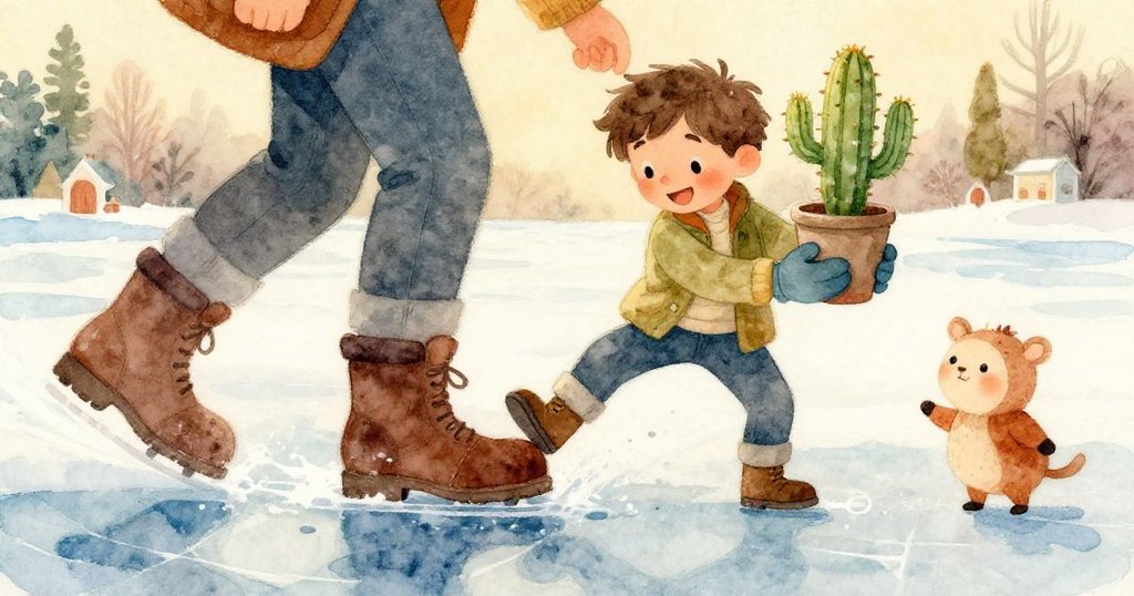 Joel的靴子正滑過粗糙冰邊,冰面細節呈現剛強與謹慎,背景冬日冷光中充滿堅毅情緒。